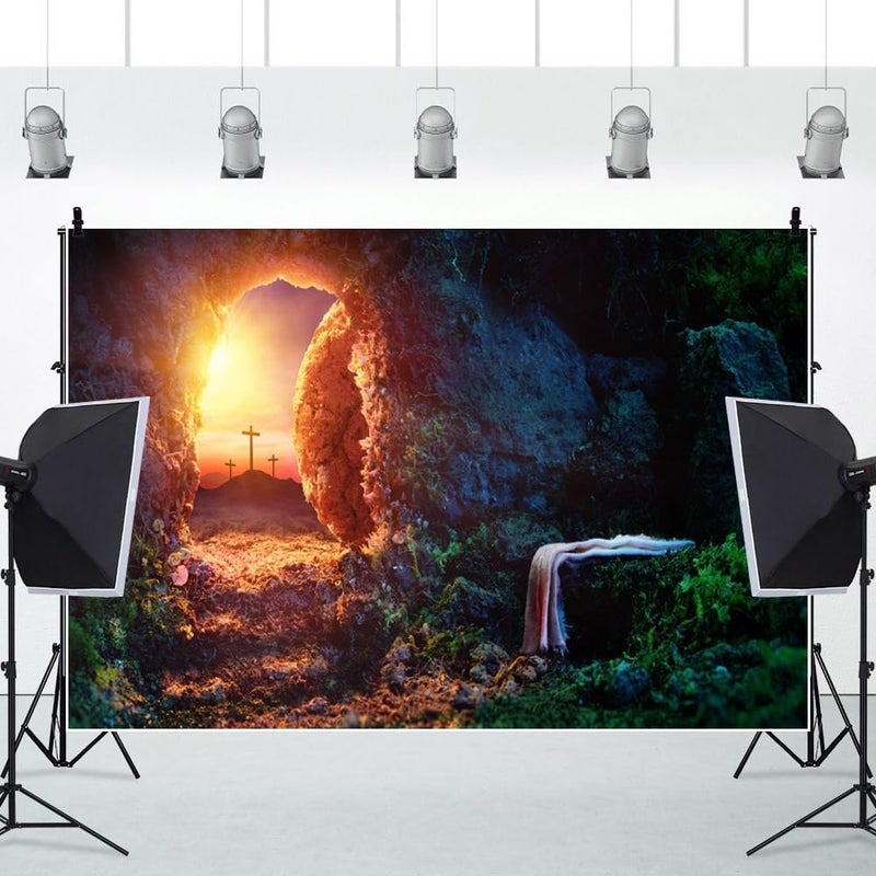 Leowefowa 9x6ft Resurrection of Jesus Backdrop Easter Sunrise Holy Light Empty Tomb Remote Peak Three Crosses Background for Photo Bible Story Church Mural Sanctuary Decor Christianity Wallpeper - Image 3